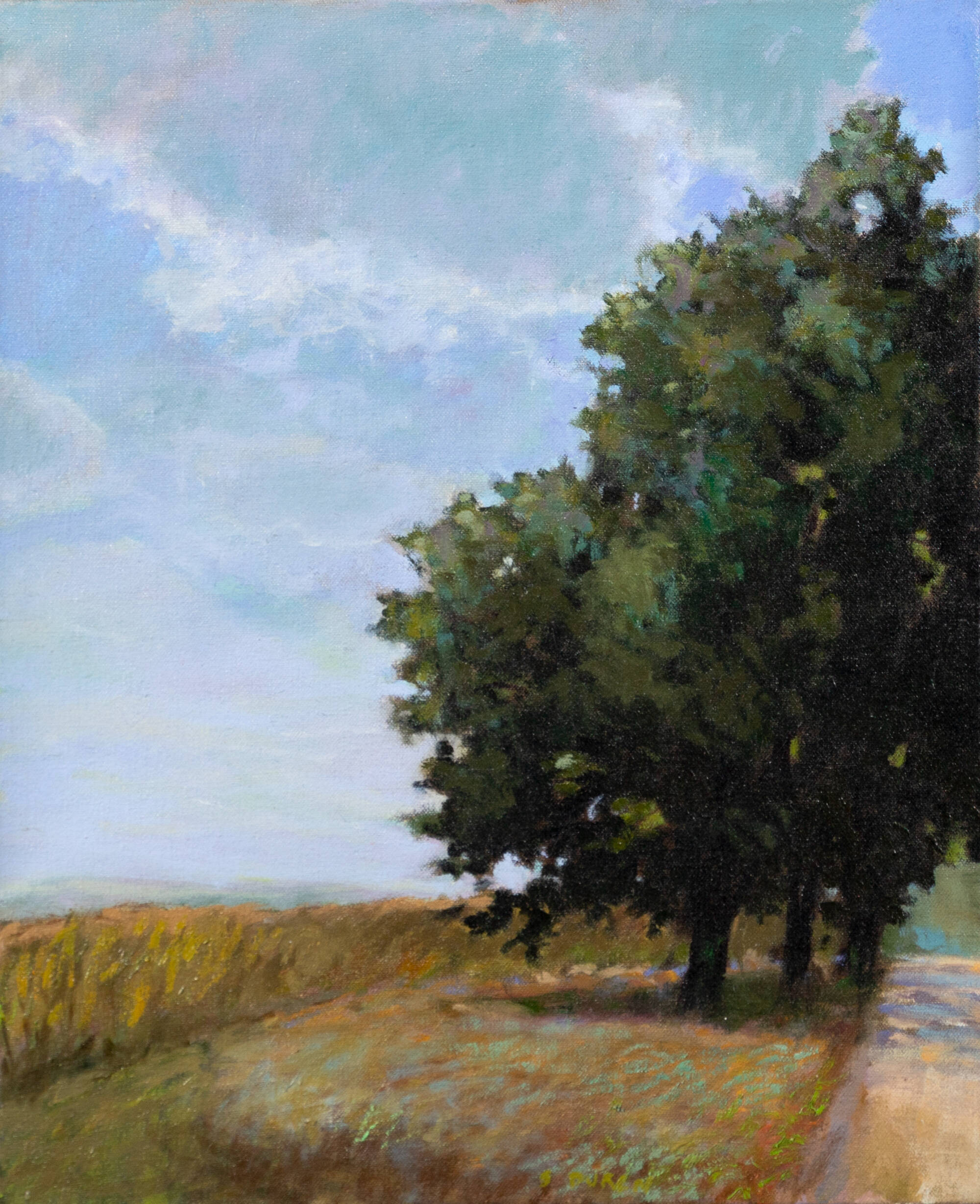 Landscape painting that includes a sky with clouds, a few trees, and yellow-brown field.